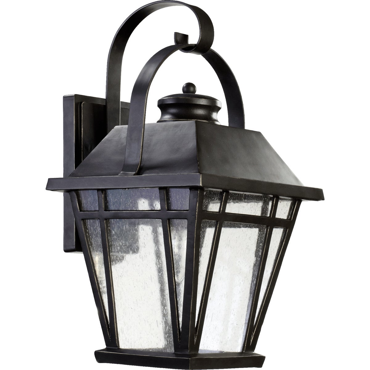 A traditional outdoor wall light with clear seeded glass panes and a vintage frame, adding rustic charm to your outdoor space.