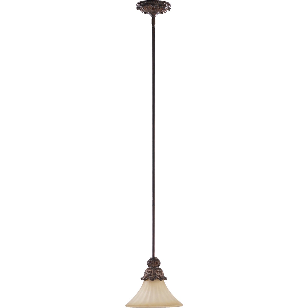 Traditional pendant light with corsican gold finish, featuring a cast structure and ornate wood and bronze detailing. 9"W x 10.75"H.