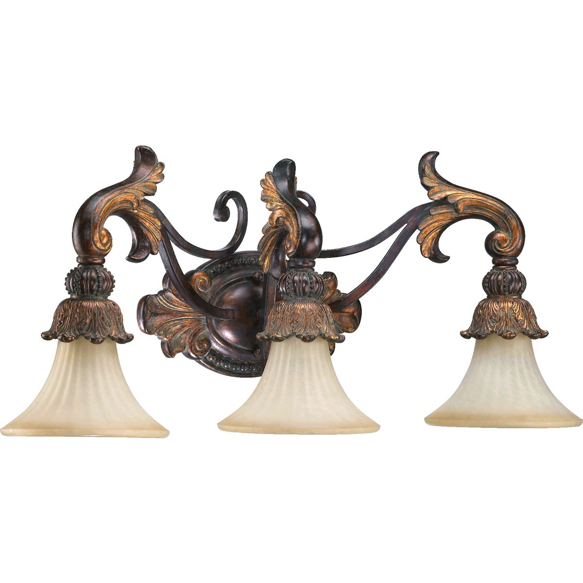 Traditional Vanity Light with three lamps, corsican gold finish, and ornate wood and bronze detailing. 27.5"W x 13"H x 9.75"E.