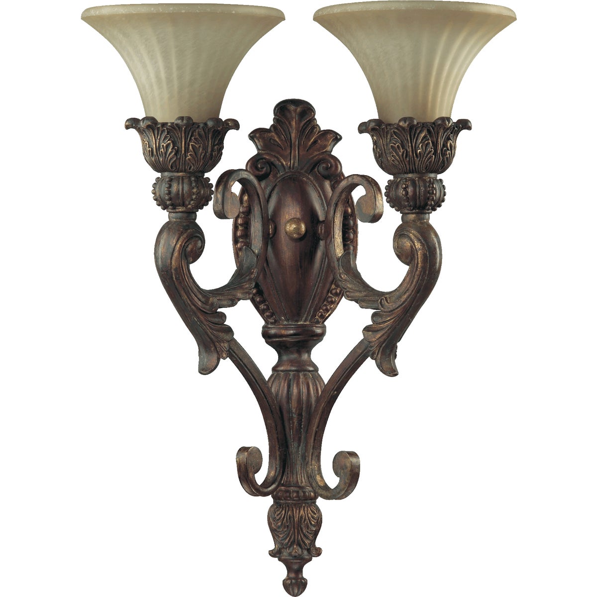 Traditional Wall Sconce with Corsican Gold Finish, featuring a cast structure and ornate wood and bronze detailing. Two shades provide elegant lighting.