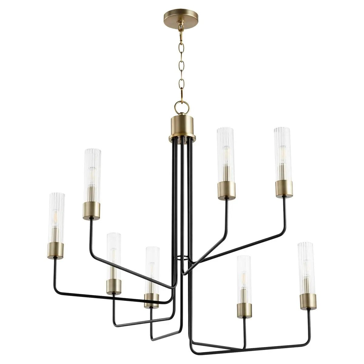 Transitional chandelier with clear glass bulbs and tubes, featuring a linear frame and soft-angular curves. Two-toned aged brass and noir finish. Suitable for indoor and outdoor spaces. Adjustable chain/stem hung suspension system. 34.5&quot;W x 33.5&quot;H. Quorum International.