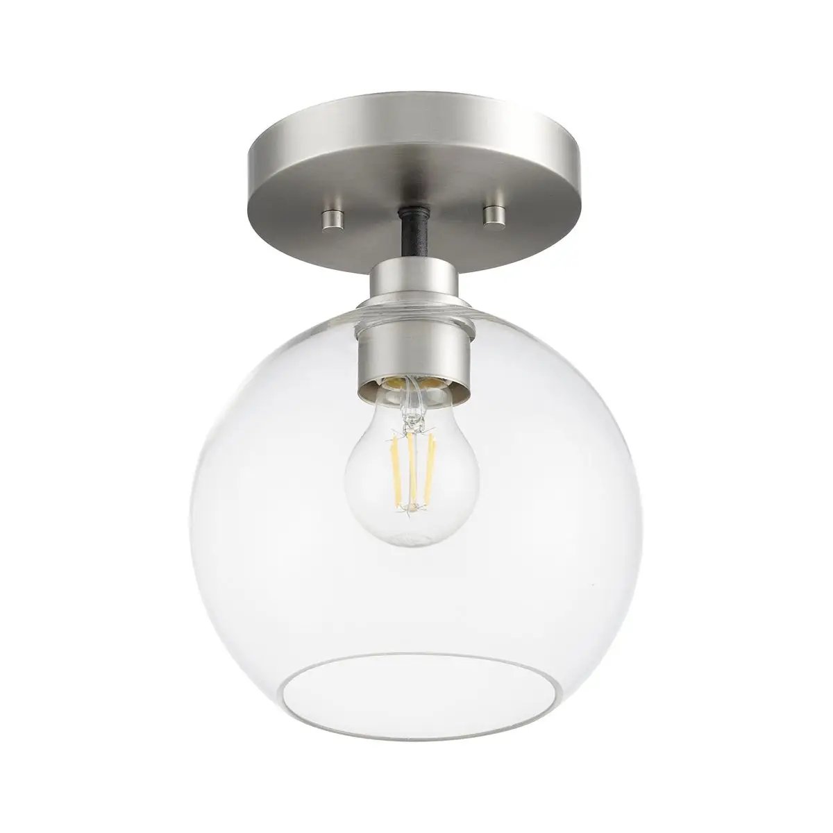 Transitional flush mount lighting with clear glass shade and elegant finishes. Soft diffusion of light for a glowing radiance. Perfect for adding sophistication to any space.