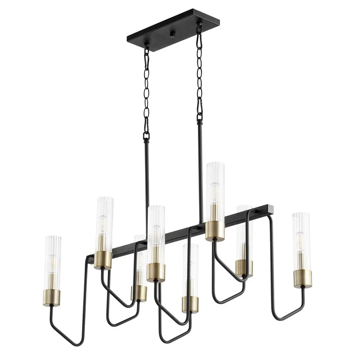 Transitional island lighting with clear glass tubes and a black rectangular object. Perfect for mid-century modern design in dining rooms or kitchens. Adjustable suspension system. UL Listed for damp locations. 60W, 8 bulbs (not included). 2-year warranty.