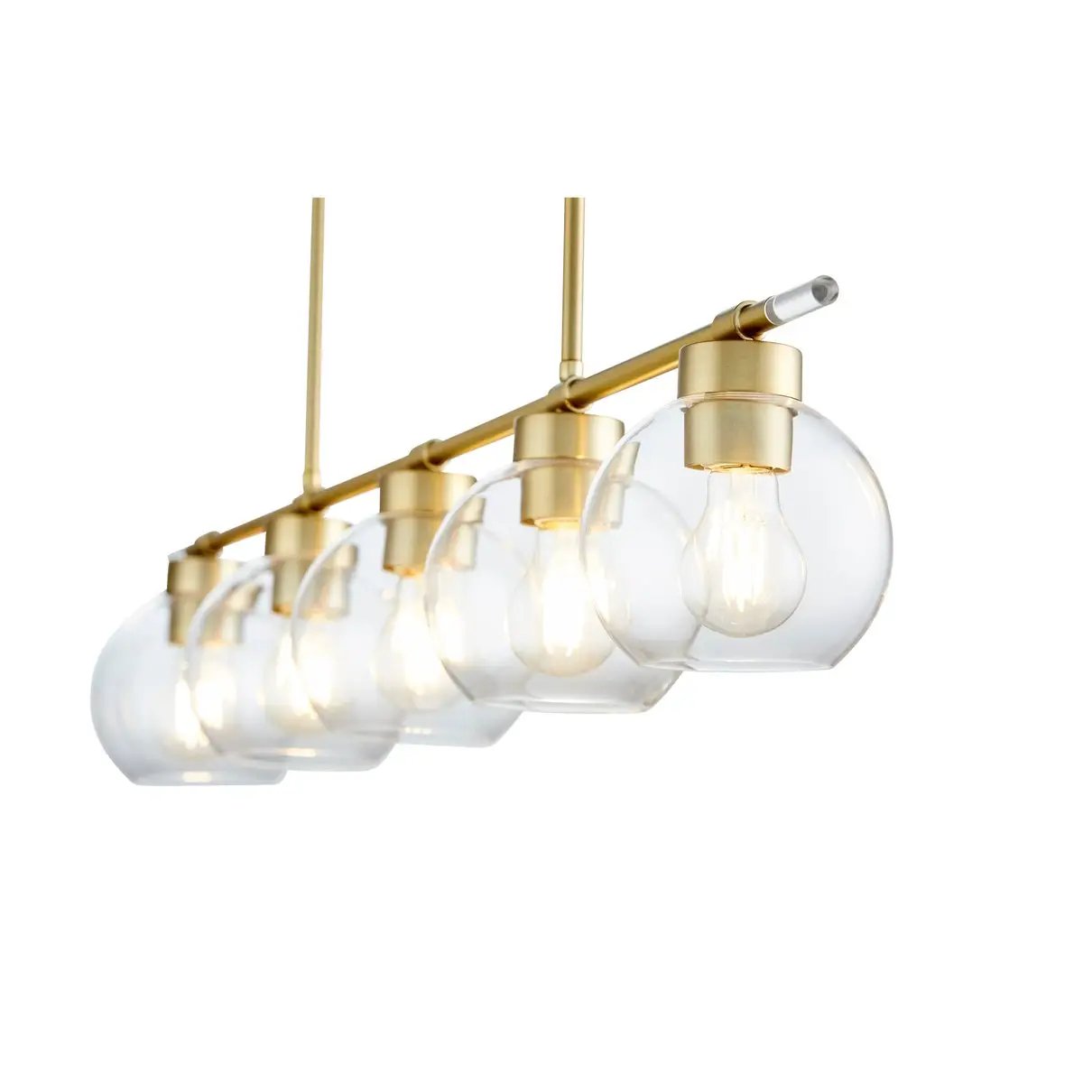 Transitional Linear Chandelier with clear glass globes and aged brass finish, 5 bulbs, 100W, UL Listed, Damp Location, 6"W x 7.25"H x 41"L.