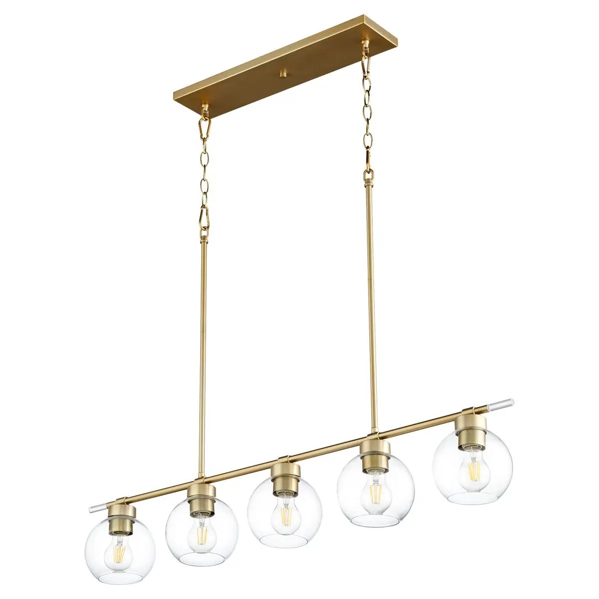 Transitional Linear Chandelier with clear glass globes and aged brass finish, 5 bulbs, 100W, UL Listed, Damp Location, 6"W x 7.25"H x 41"L.