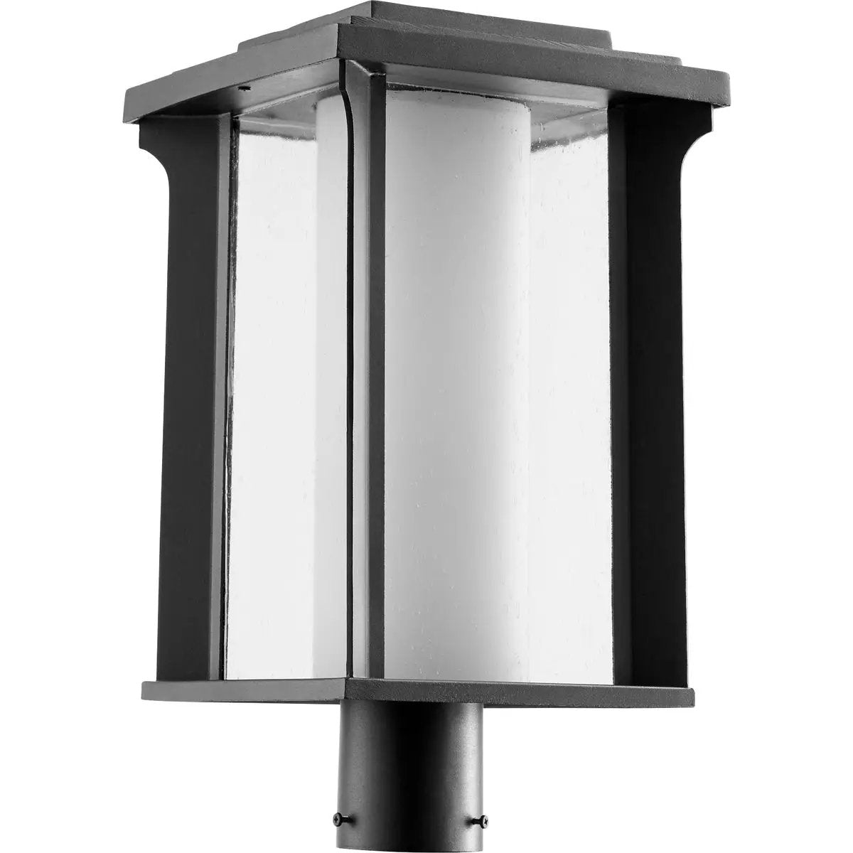 Transitional Outdoor Post Light with molded details and boxed design, featuring a noir finish and satin opal glass cylinder diffuser.