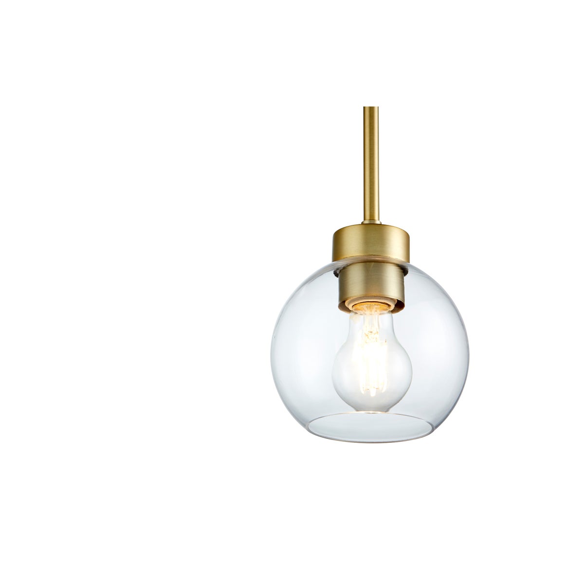 Transitional pendant light with clear glass globe and gold pole, adding a touch of mid-century elegance. Aged brass finish and thin acrylic accents elevate the look. Perfect addition to any space.