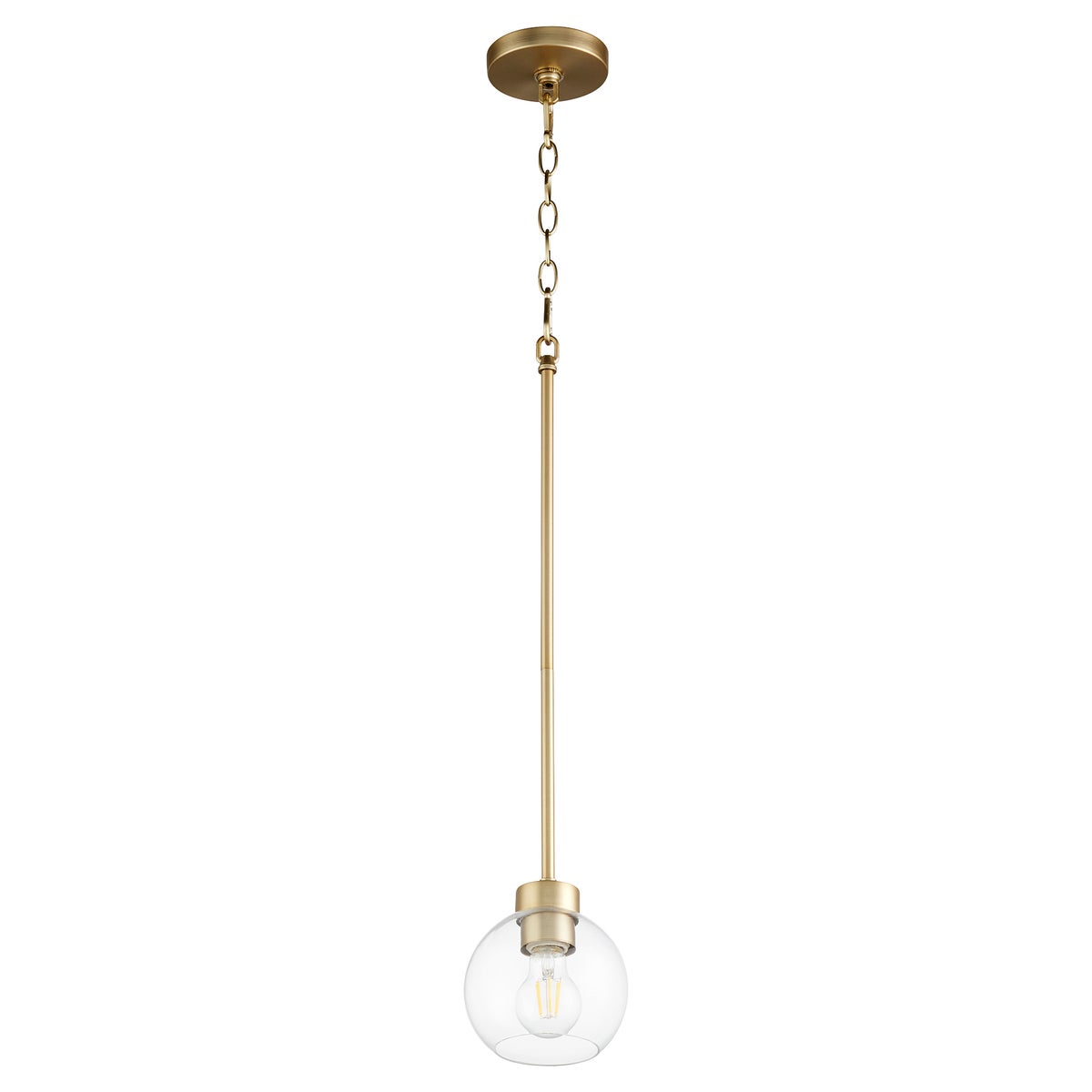 Transitional pendant light with clear glass globe and gold pole, adding a touch of mid-century elegance. Aged brass finish and thin acrylic accents elevate the look. Perfect addition to any space.