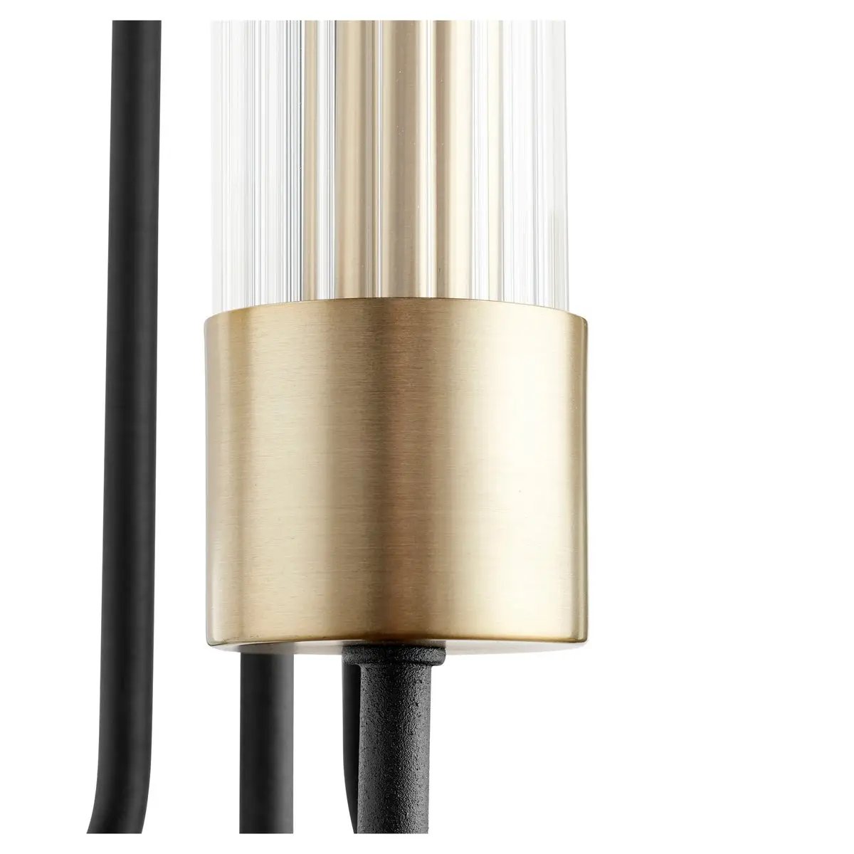 Transitional Wall Sconce with clear fluted glass shades and aged brass/noir finish. Minimalist-inspired design with soft-angular curves. Suitable for indoor and outdoor spaces. 12"W x 18"H x 7"E. 2-year warranty.