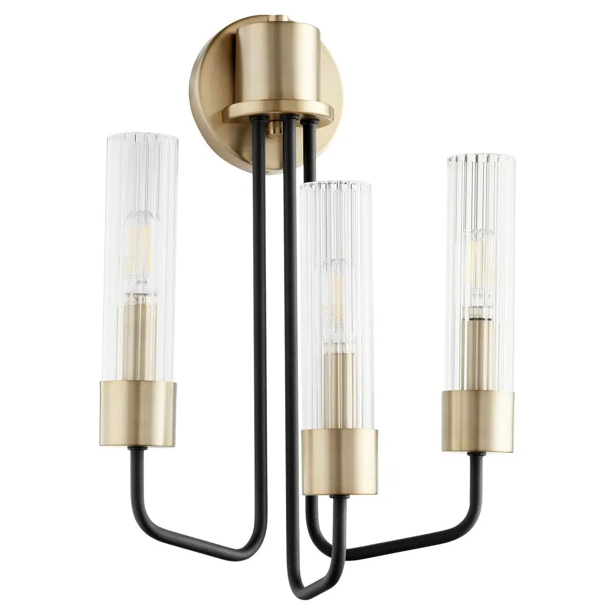 Transitional Wall Sconce with clear glass tubes, aged brass and noir finish. Linear frame with soft-angular curves. Suitable for indoor and outdoor spaces. 12"W x 18"H x 7"E.