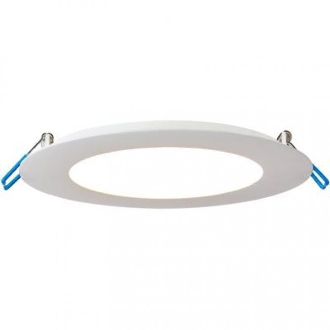 A white ultra thin LED recessed light fixture with blue clips, providing 1050 lumens of light output. No rough-in can required for installation. 7.5&quot;D x .5&quot;H.