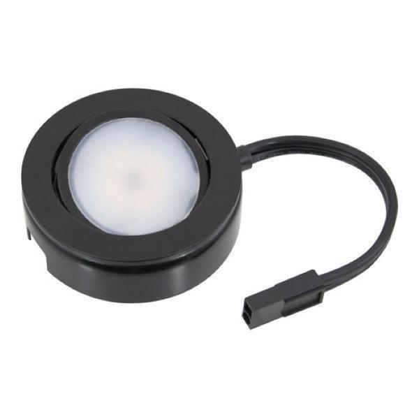 Under Cabinet Puck Lighting Fixture, a white round light with a wire, providing 250 lumens of robust light output and high CRI. Perfect for task areas, display shelving, and more. Swivel adjustability.