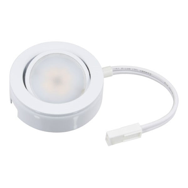 Under Cabinet Puck Lighting Fixture, a white round light with a wire, providing 250 lumens of robust light output and high CRI. Perfect for task areas, display shelving, and more. Swivel adjustability.