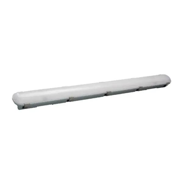 Vapor Tight LED Light Fixture with long white tube and silver base, providing 6248 to 9900 lumens of energy efficient white light. Durable construction protects LEDs from dirt, dust, and moisture. Ideal for rugged applications. Brand: Keystone Technologies.