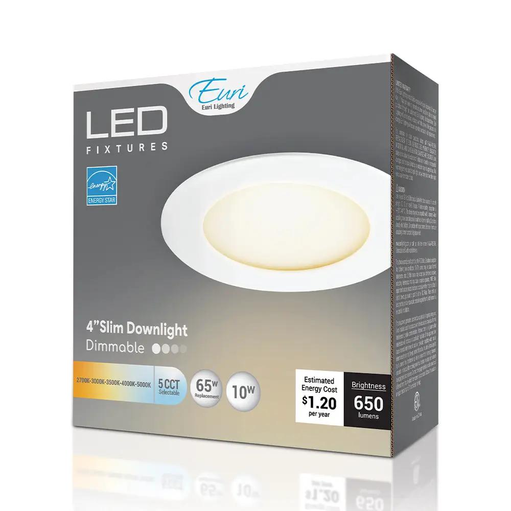 Wafer Light - A box of ultra-slim light fixtures with 5CCT selectable color temperatures. Provides 650 lumens of output and easy installation with spring-action clips. Ideal for low residential ceilings. IC rated for direct contact with insulation. ETL Listed and Energy Star Rated. 10W LED lamp type with dimmable feature. 4.8"D x 0.87"H dimensions. 35,000 rated hours and 5-year warranty.