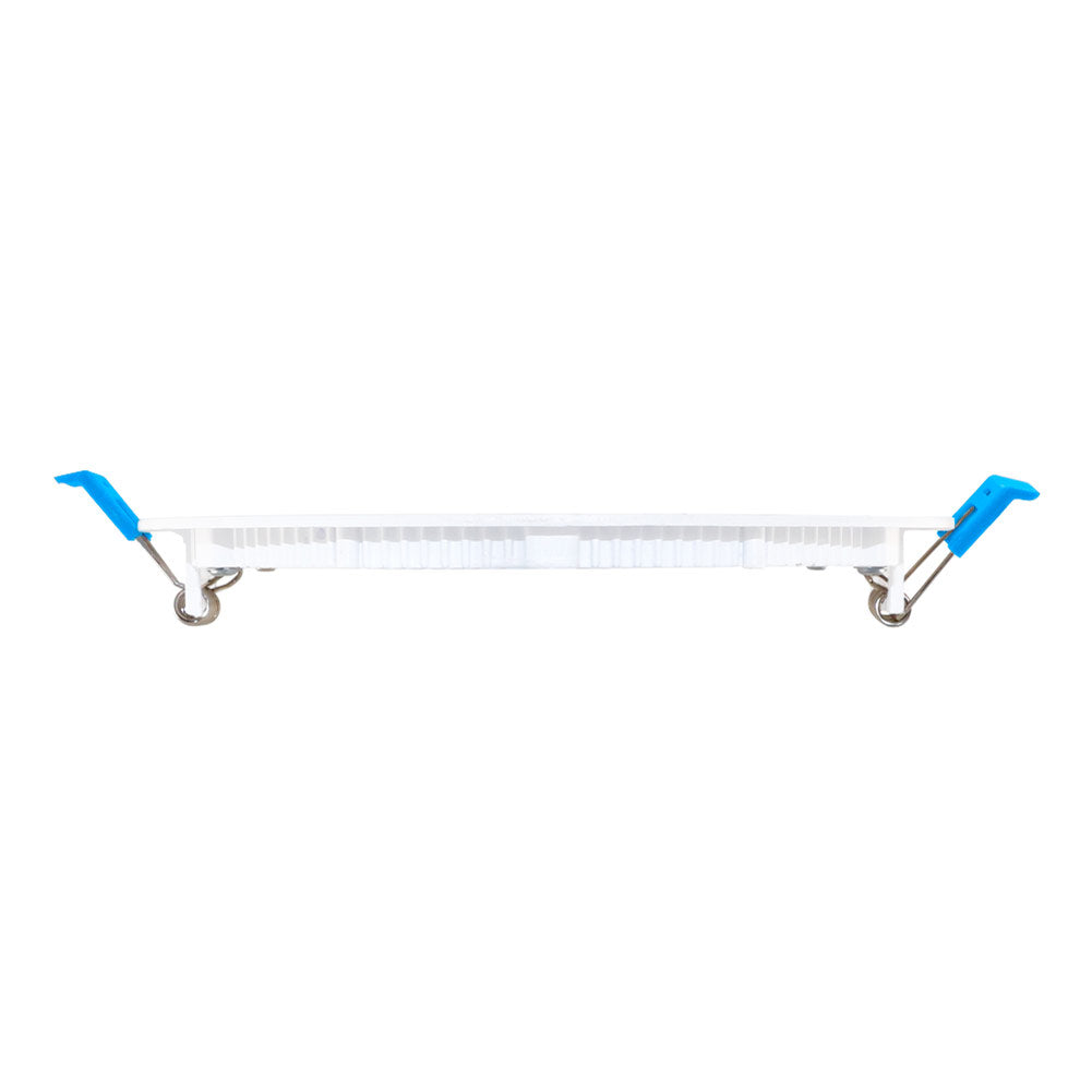 A white and blue cart with blue handles, displaying the Wafer Light by Euri Lighting. This ultra-slim LED fixture offers 650 lumens of light output and is 5CCT selectable, allowing you to choose from multiple color temperatures. With easy installation using spring-action clips, it's perfect for low residential ceilings. IC rated and dimmable, this wafer light is ideal for direct contact with insulation.