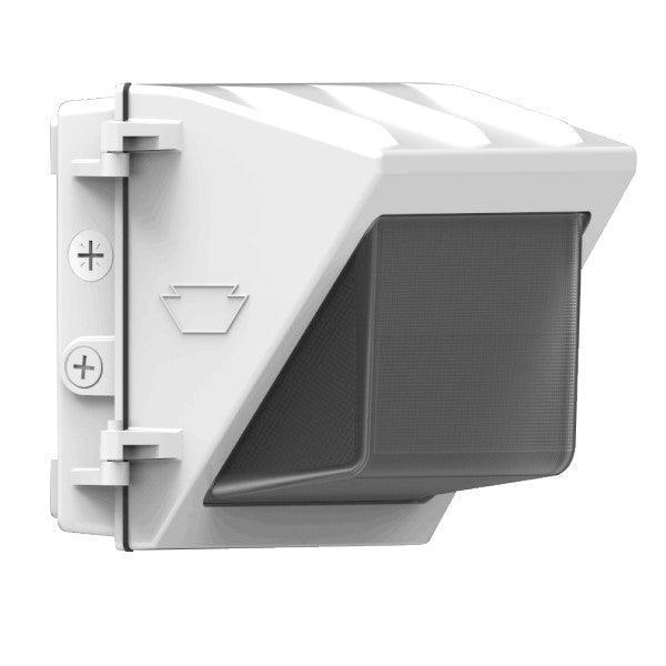 Main product shot in white finish of an LED wall pack fixture with built-in photocell and borosilicate glass lens, designed for commercial exterior wall mounting; 120–277V input with 0–10V dimming, IP65-rated housing, selectable 3000K/4000K/5000K (3K/4K/5K) with 80+ CRI, 80W output delivering 11,925 lumens.
