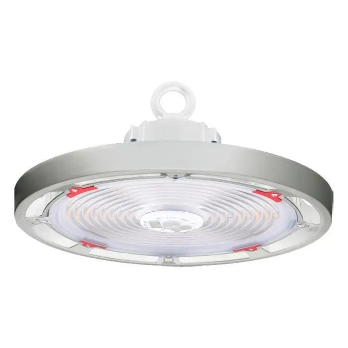 Main product shot in white finish of a warehouse high bay lighting fixture with an IP65-rated housing and ribbed polycarbonate lens for wide distribution; 120–277V input with 0–10V dimming, 4000K/5000K (4K/5K) CCT options at 80+ CRI, offered in 100W/150W/200W packages delivering 16,500–33,000 lumens.