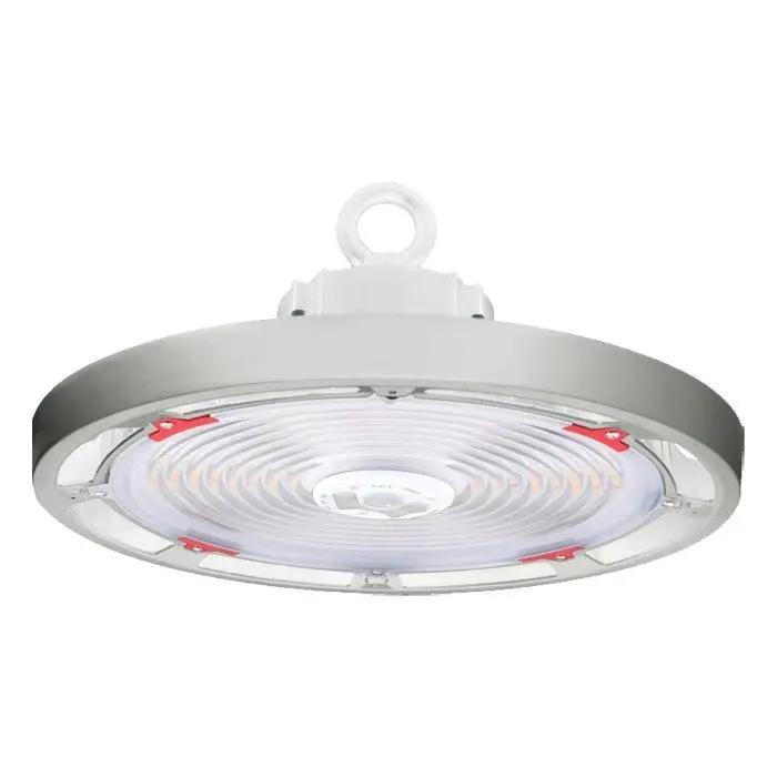 A Keystone Technologies Warehouse High Bay Lighting Fixture, providing 16500 to 33000 lumens of CCT selectable white light. Ideal for replacing or retrofitting legacy HID high bay lights. Simple to install, with a primary mounting method mimicking that of legacy HID downlight style high bay fixtures. Perfect for retrofits or new installations.