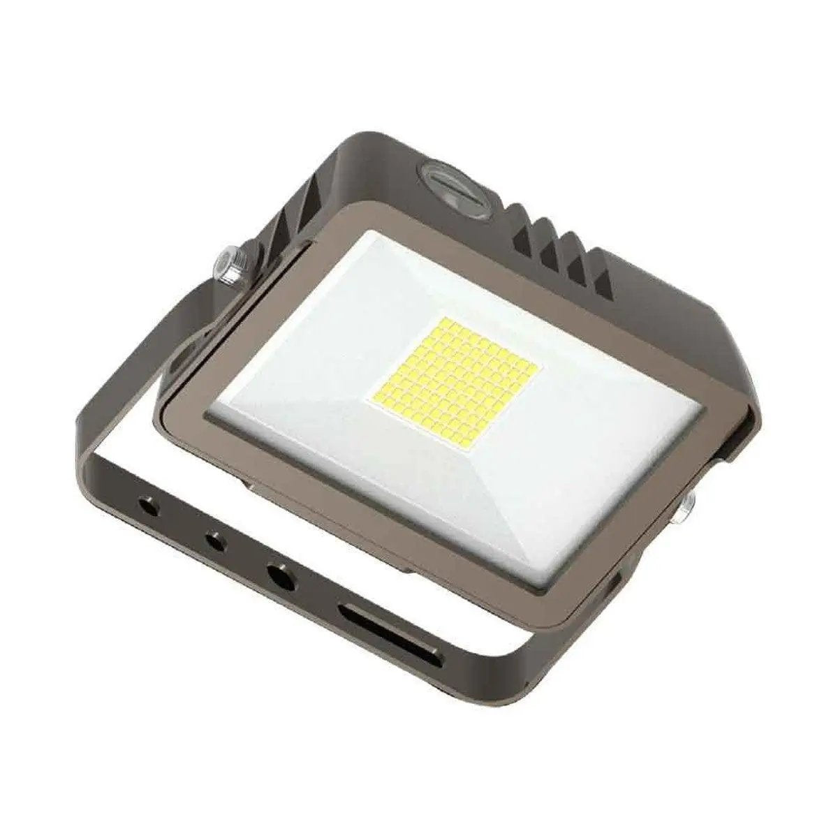 Close-up bottom-angled view of the bronze waterproof outdoor LED flood light showing the yoke mount hardware and the tempered glass lens up close; built-in photocell, 35W, 5,075 lm, 3000K/4000K/5000K, 80+ CRI, 0–10V dimming, IP65, 120–277V.