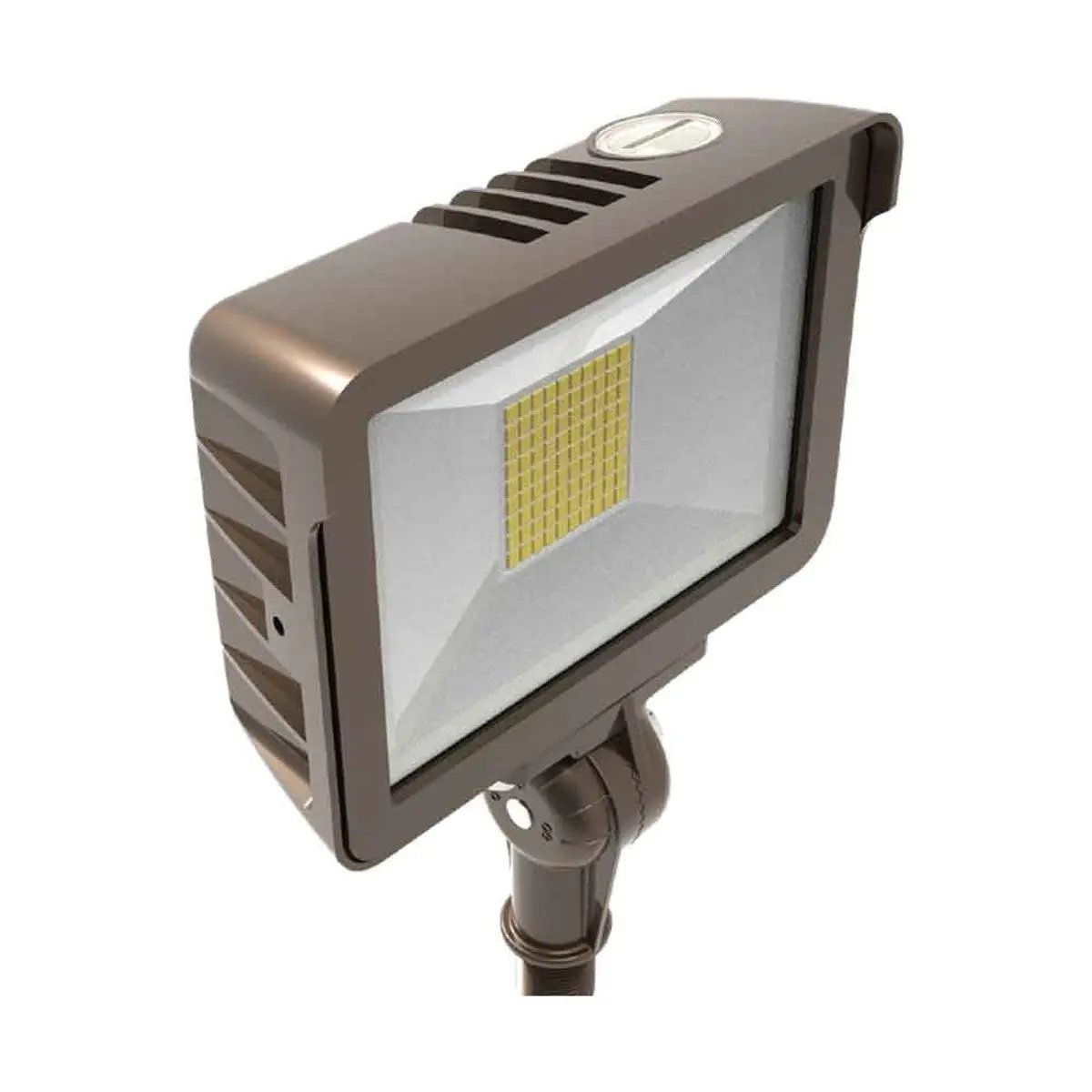 Outdoor LED flood light with knuckle or yoke mount and built-in photocell, sealed IP65 housing with tempered glass lens; 120–277V input, 0–10V dimming, 35W output (5,075 lumens) with selectable 3000K/4000K/5000K and 80+ CRI.