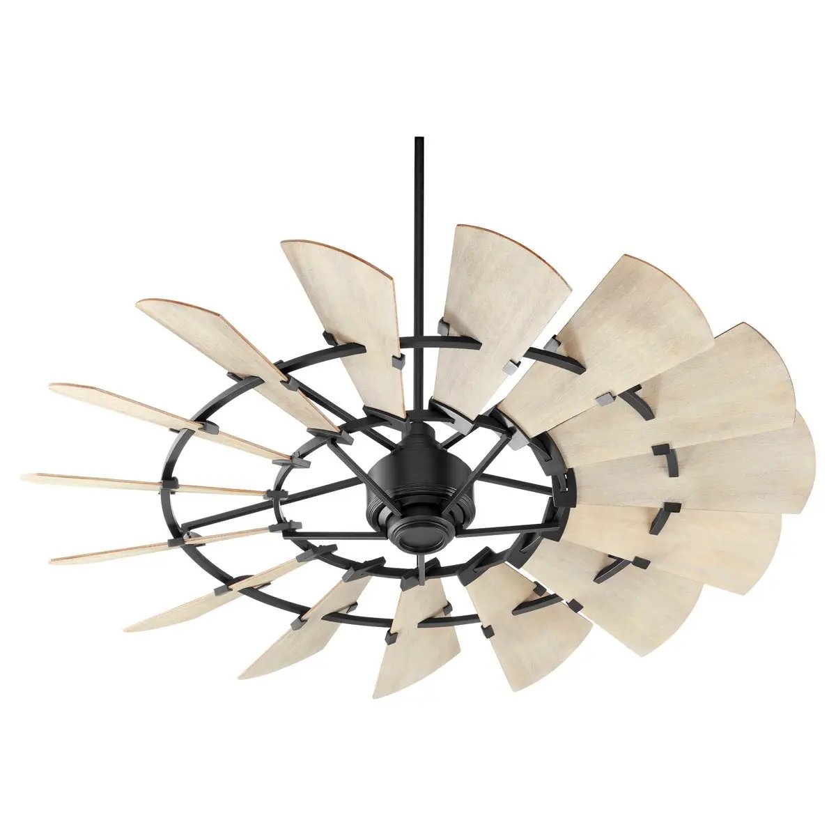 Windmill Ceiling Fan with 15 weathered oak wooden blades, rustic design. UL Listed, Dry Location. Dimensions: 16.5"H x 60"W. Limited Lifetime Warranty.