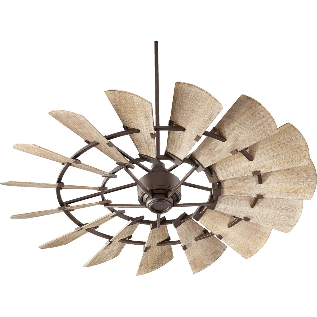 Windmill Ceiling Fan with 15 weathered oak wooden blades, rustic design. Quorum International DC-165L motor, UL Listed, Dry Location. 16.5"H x 60"W. Limited Lifetime Warranty.