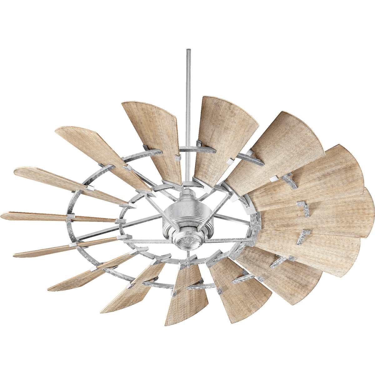 Windmill Ceiling Fan with 15 weathered oak wooden blades, rustic design. UL Listed, Dry Location. Dimensions: 16.5"H x 60"W. Limited Lifetime Warranty.
