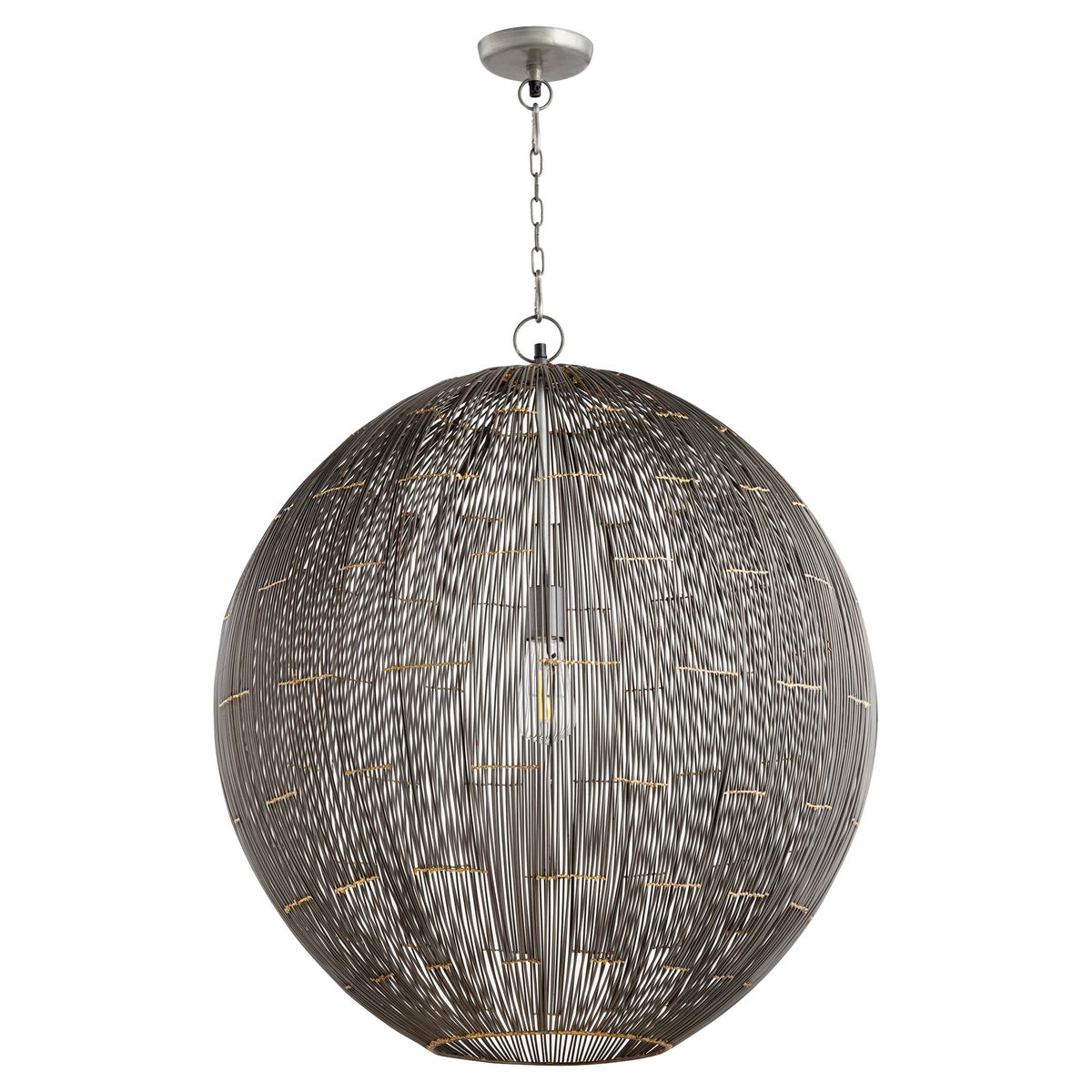 Wire Sphere Pendant Light hanging from a chain, featuring a round metal chandelier with a single light source. Open-form design casts a beautiful glow, allowing light to flow freely. Artful and elegant addition to any space.
