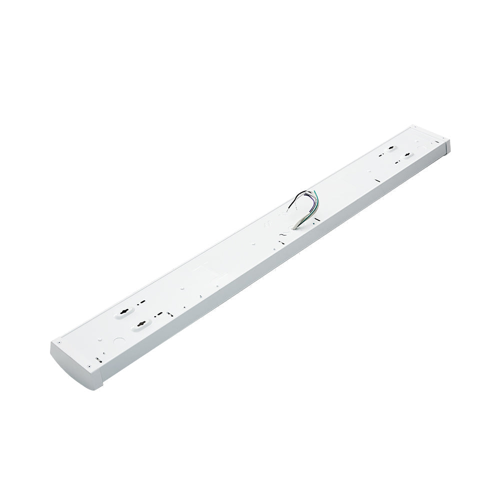 A white rectangular LED wrap fixture with wires, suitable for various indoor settings. Provides 3680-5520 lumens of CCT selectable white light, dimmable, and comes with a 5-year warranty. Perfect for new construction or retrofits.