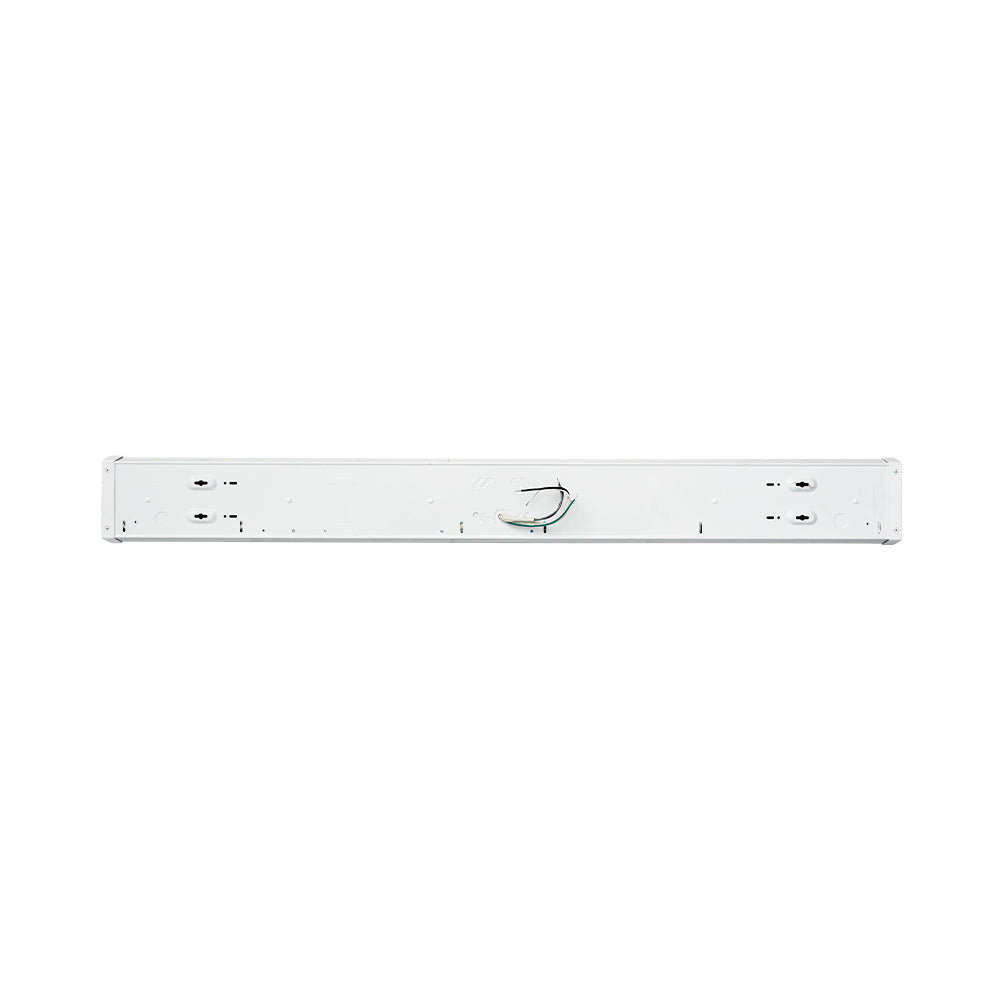 A white rectangular LED wrap fixture with a metal handle, designed for general ambient lighting in indoor settings. Wattage selectable, color selectable, and dimmable. 3680-5520 lumens, 3500K-5000K color temperature. UL Listed, RoHS Compliant, DLC Premium Listed. 5-year warranty.