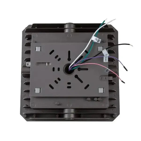 Rear view of CanoLux Series LED canopy light showing mounting plate interface and factory power wiring for commercial installation