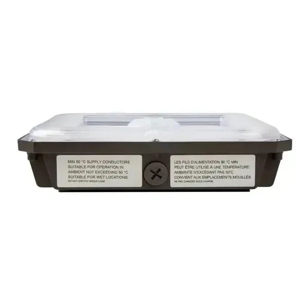 Upside down side profile of CanoLux Series LED canopy light showing lens assembly and die cast aluminum frame construction