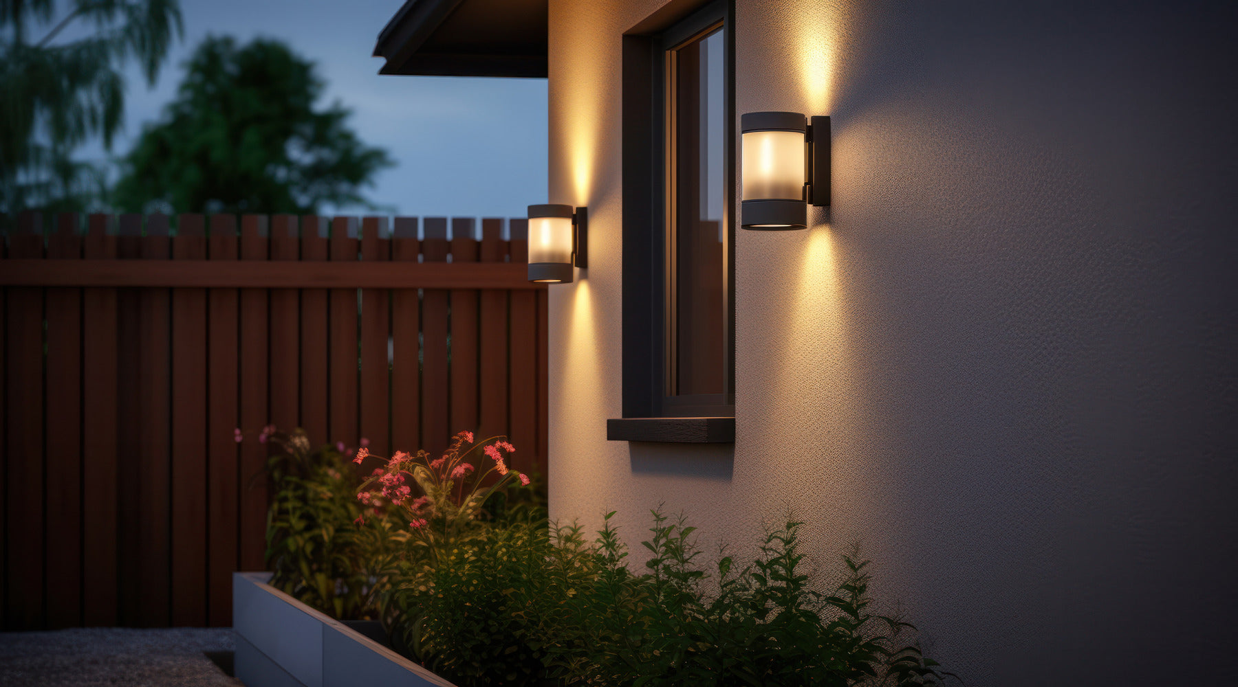 Close up view of LED outdoor wall lights next to window