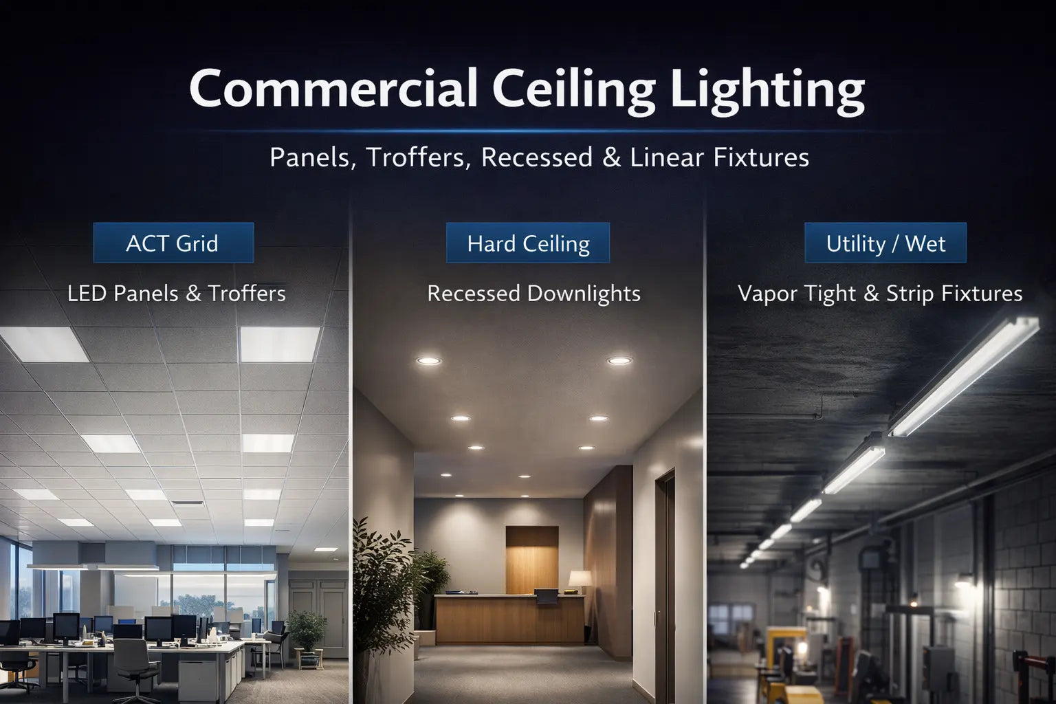 Commercial ceiling lighting examples showing ACT grid panels and troffers, recessed downlights in hard ceilings, and linear fixtures for utility or wet environments.