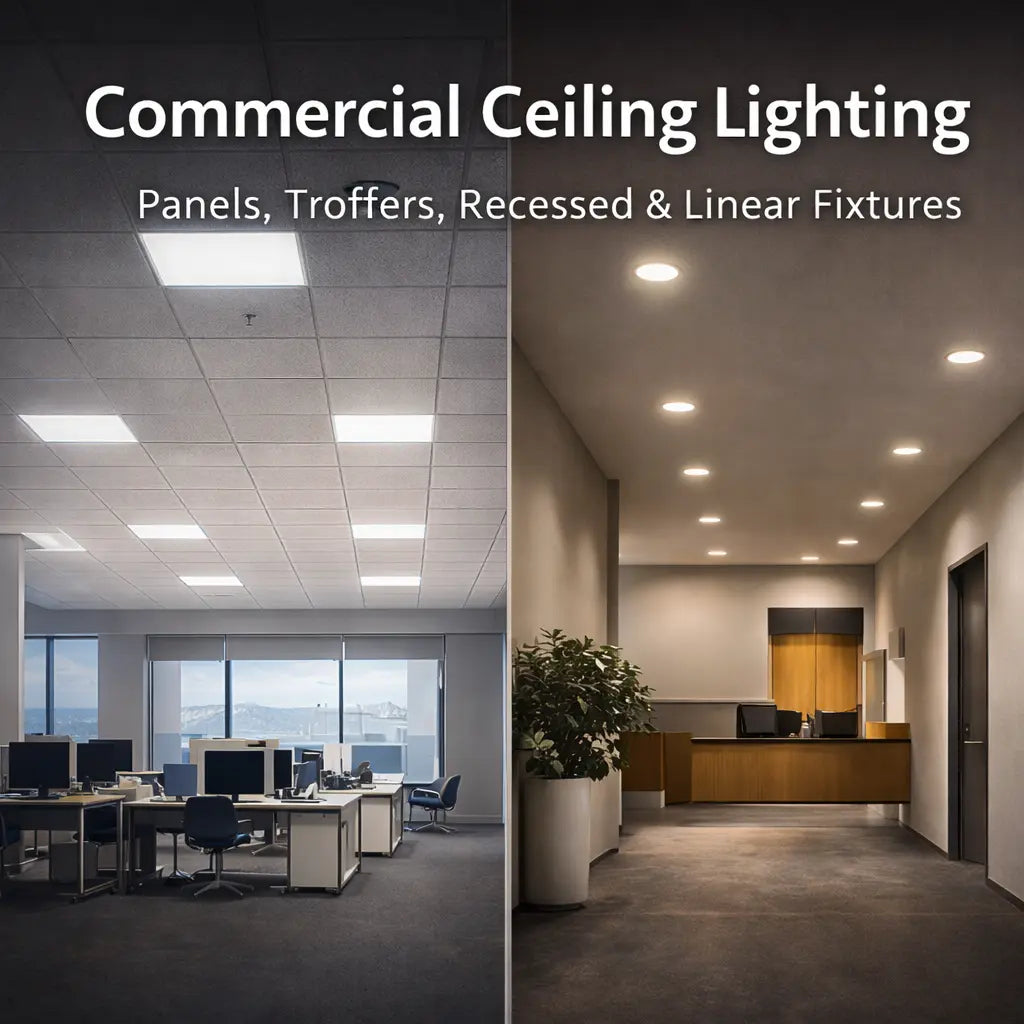 Commercial interior spaces lit with ceiling-mounted LED panels, troffers, recessed downlights, and linear fixtures for offices and corridors.