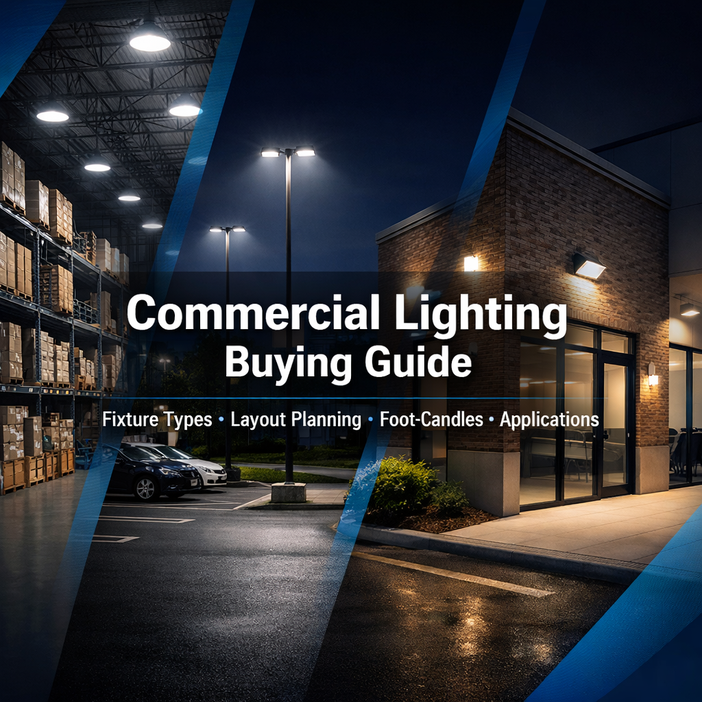 Warehouse exterior at night with text overlay 'Commercial Lighting Buying Guide'.
