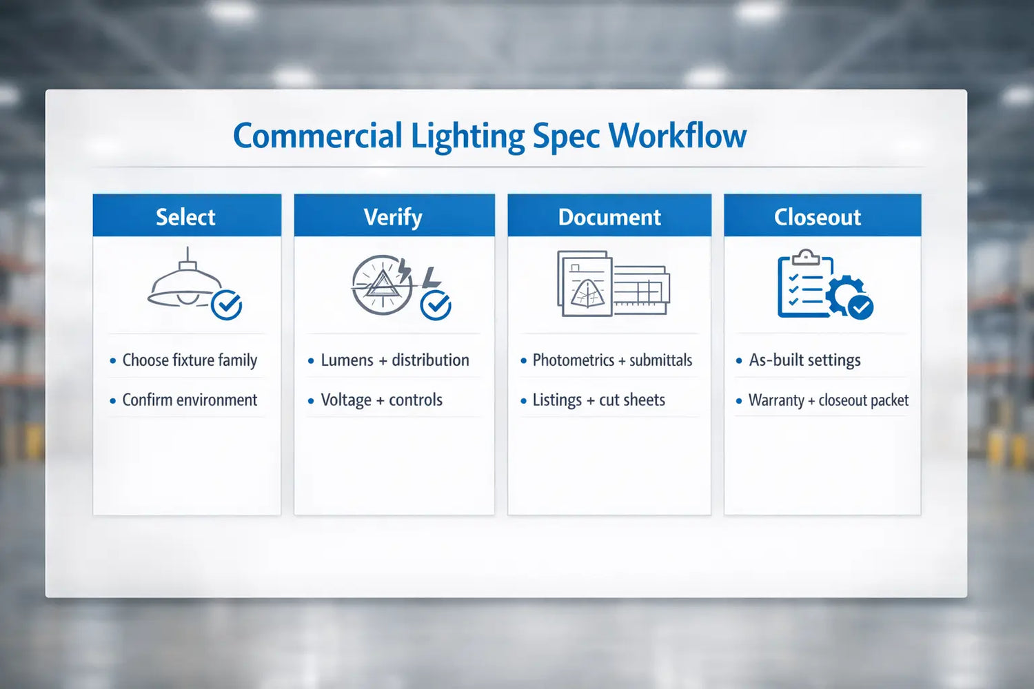 Commercial lighting specification workflow showing Select, Verify, Document, and Closeout steps for project-ready LED fixture decisions.