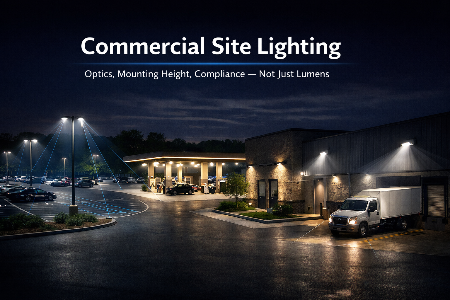 Commercial site lighting system showing LED area lights, canopy lights, wall packs, and flood lights with controlled optics, glare reduction, and dark-sky compliant distribution across a commercial property.