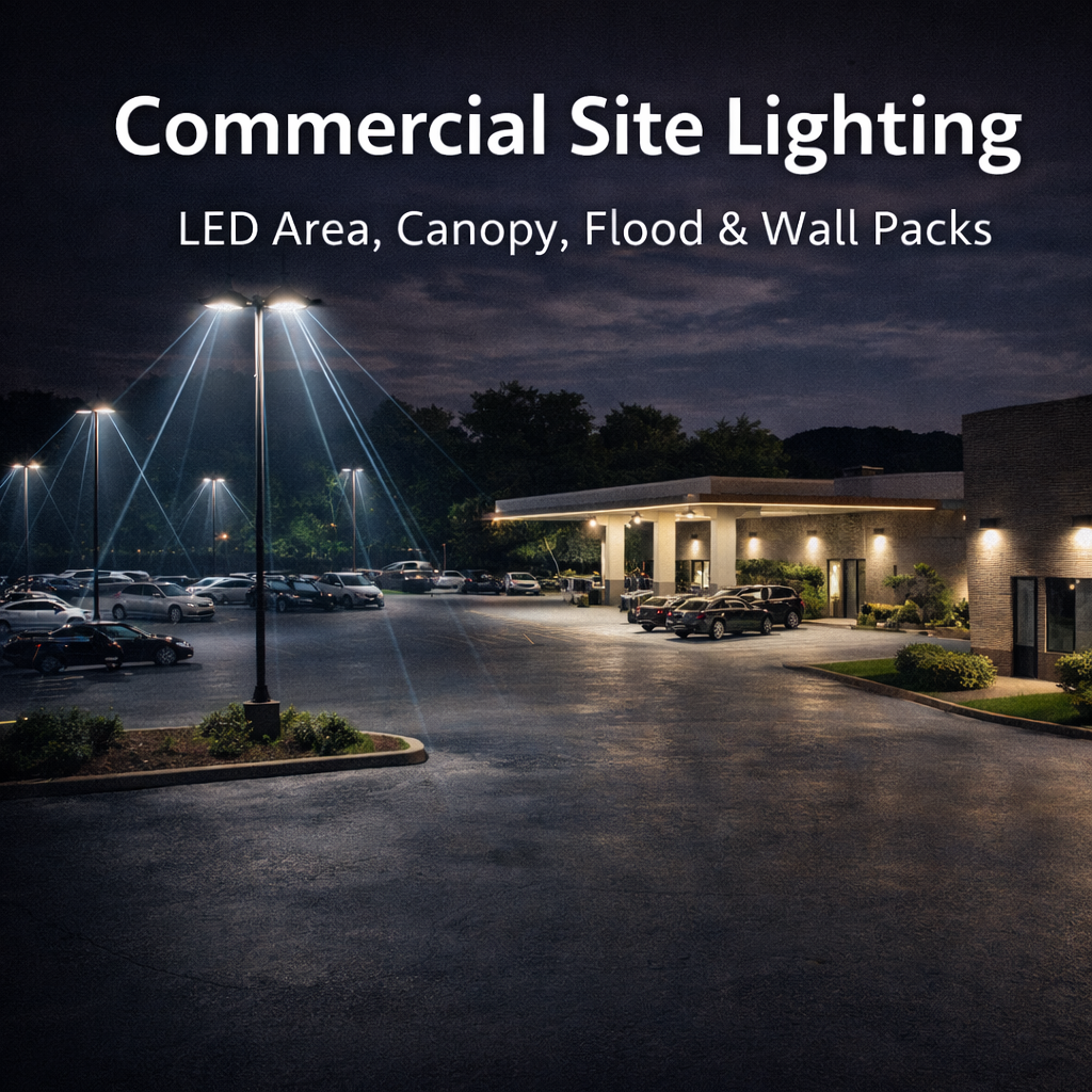 Commercial outdoor lighting system illuminating a parking lot, canopy, and building exterior using LED area lights, wall packs, and flood lighting.