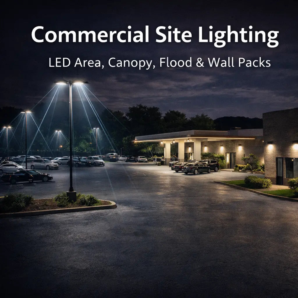 Commercial outdoor lighting system illuminating a parking lot, canopy, and building exterior using LED area lights, wall packs, and flood lighting.