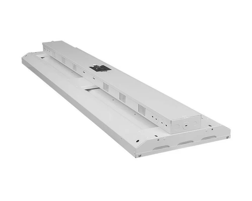 Angled view of CoreBay Series 4-foot LED linear high bay showing housing knockouts and central power entry point