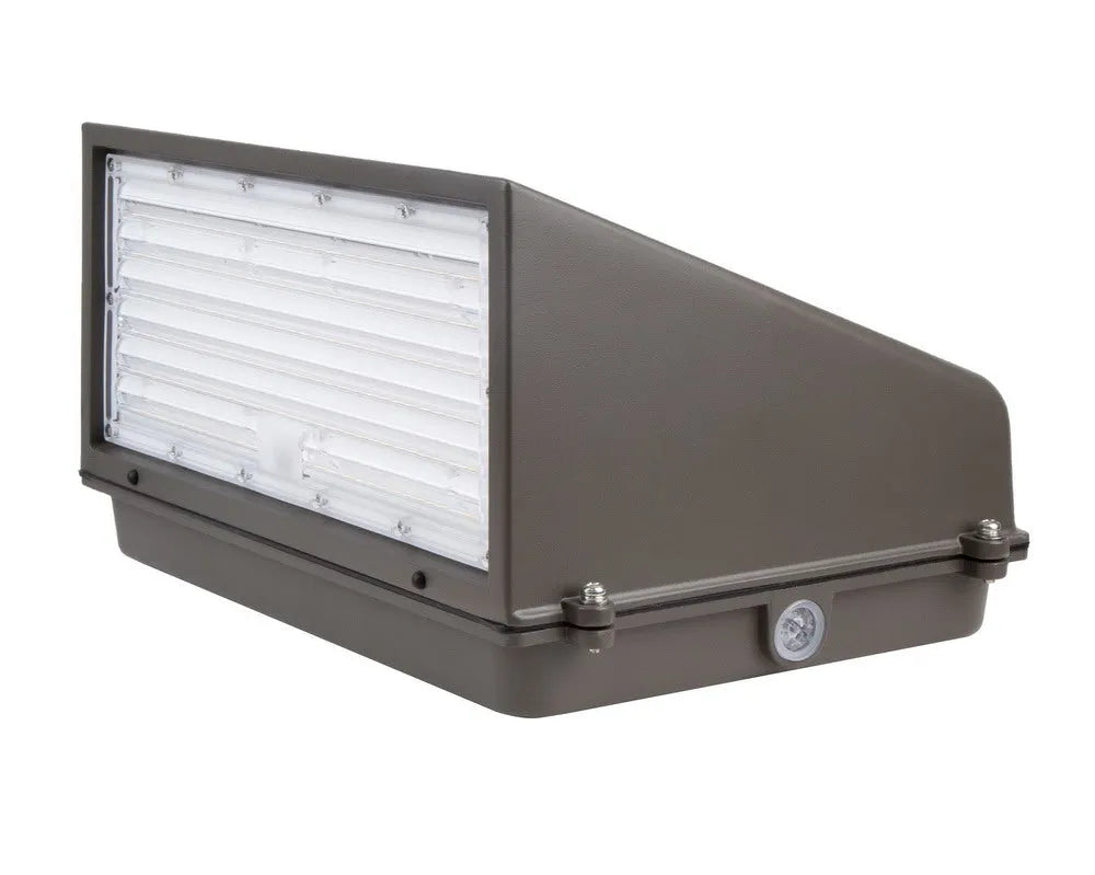 DarkShield Series LED full cutoff wall pack angled view showing lens and sealed side compartment housing CCT and wattage selectable switches