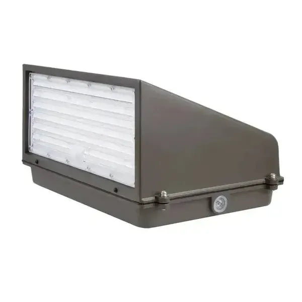 DarkShield Series LED full cutoff wall pack angled view showing lens and sealed side compartment housing CCT and wattage selectable switches