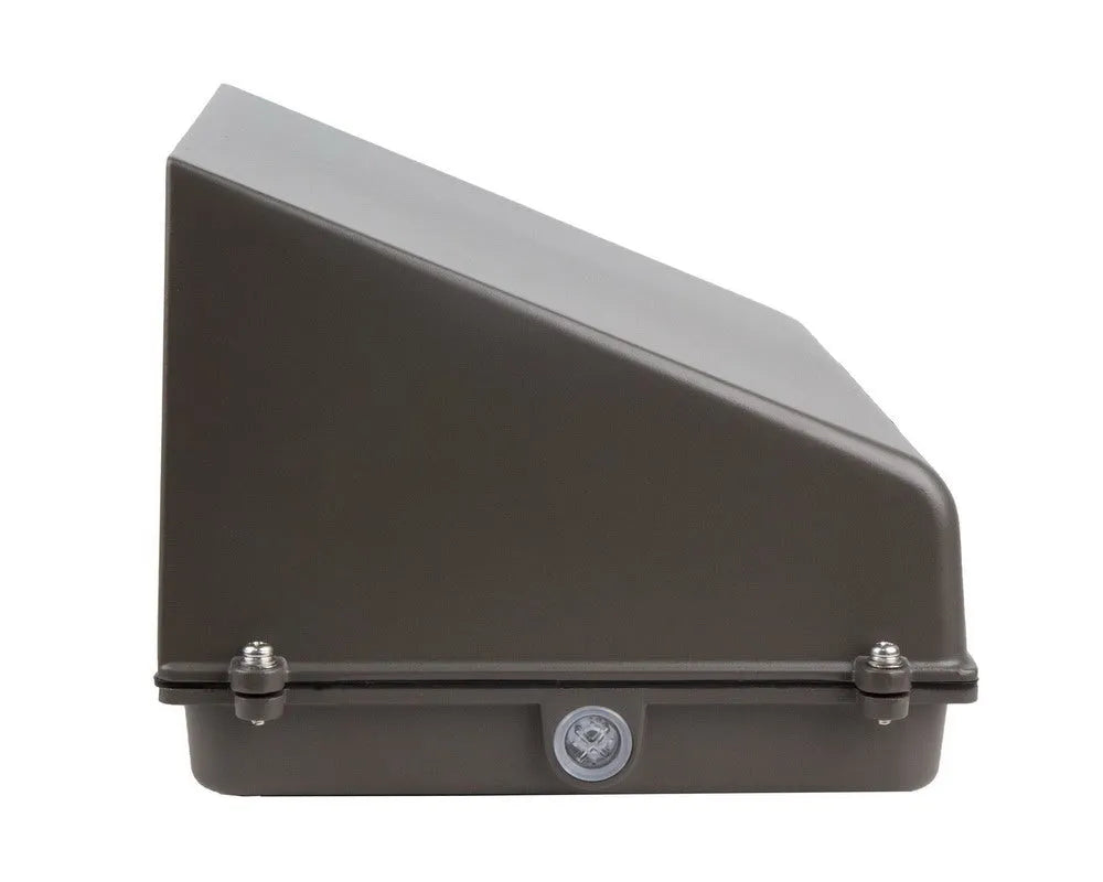 DarkShield Series LED full cutoff wall pack side view showing sealed compartment containing CCT and wattage selectable configuration switches