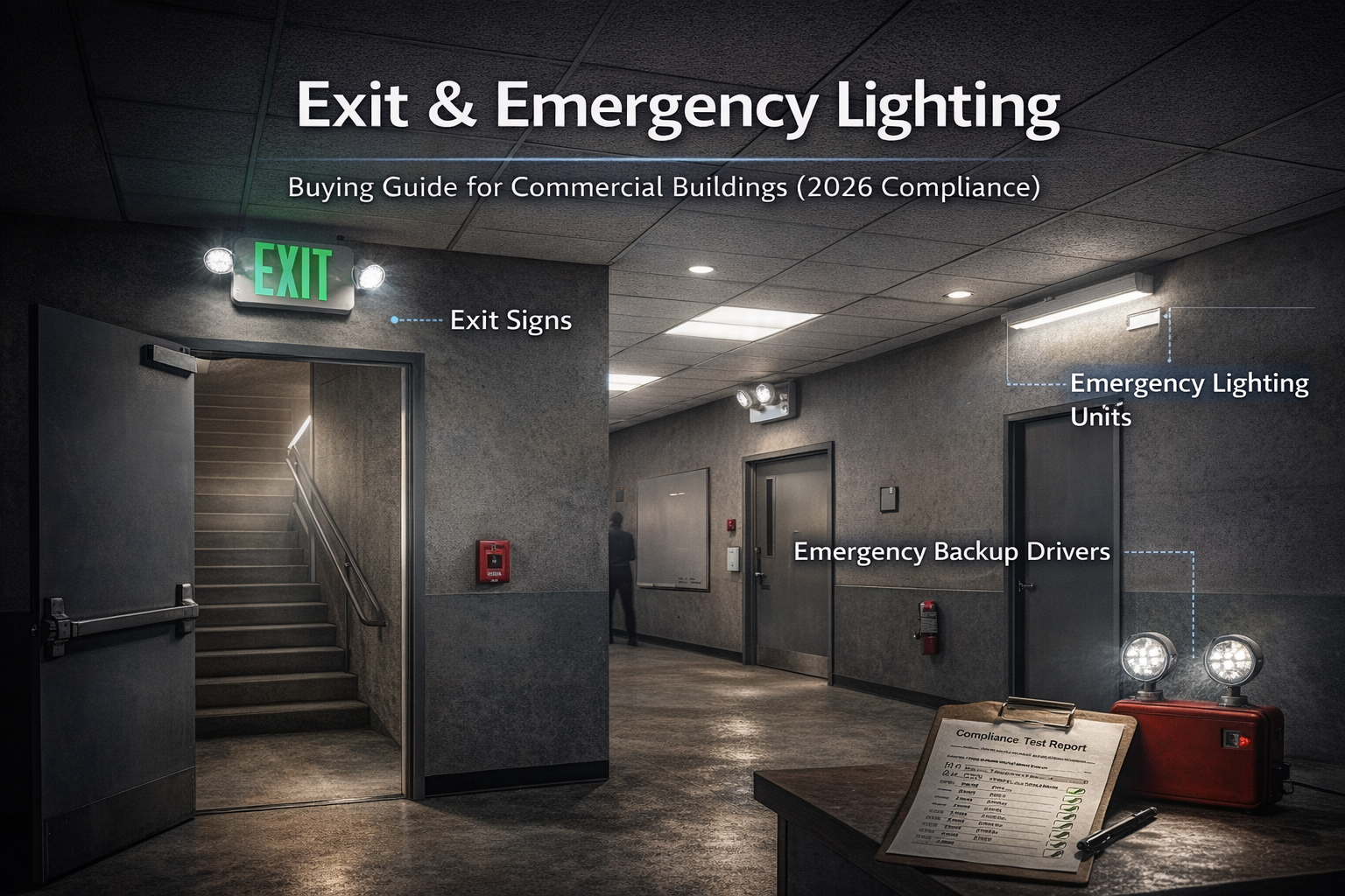Commercial exit and emergency lighting system showing illuminated exit signs, emergency lighting units, and battery backup drivers during a simulated power outage.