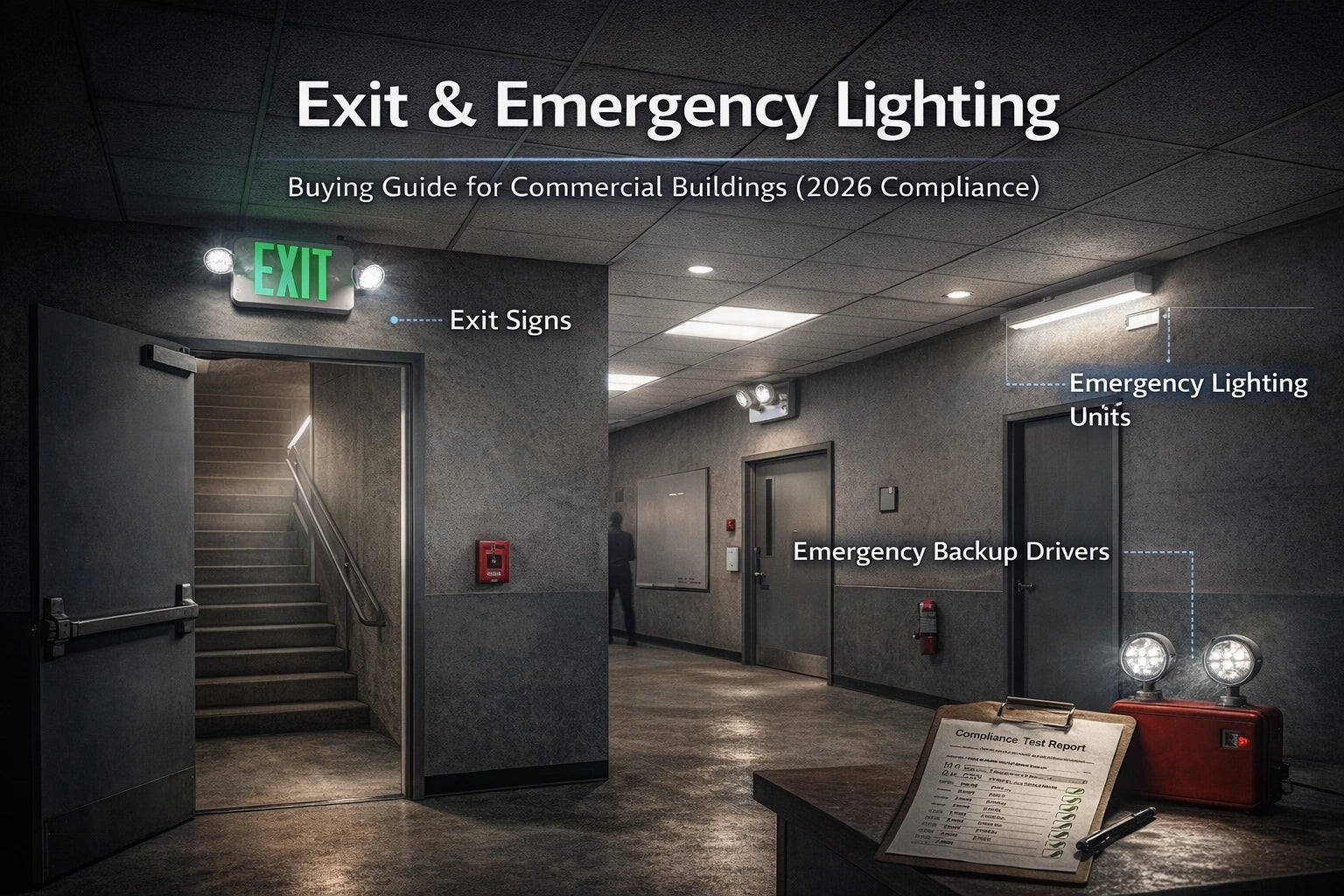 Commercial exit and emergency lighting system showing illuminated exit signs, emergency lighting units, and battery backup drivers during a simulated power outage.