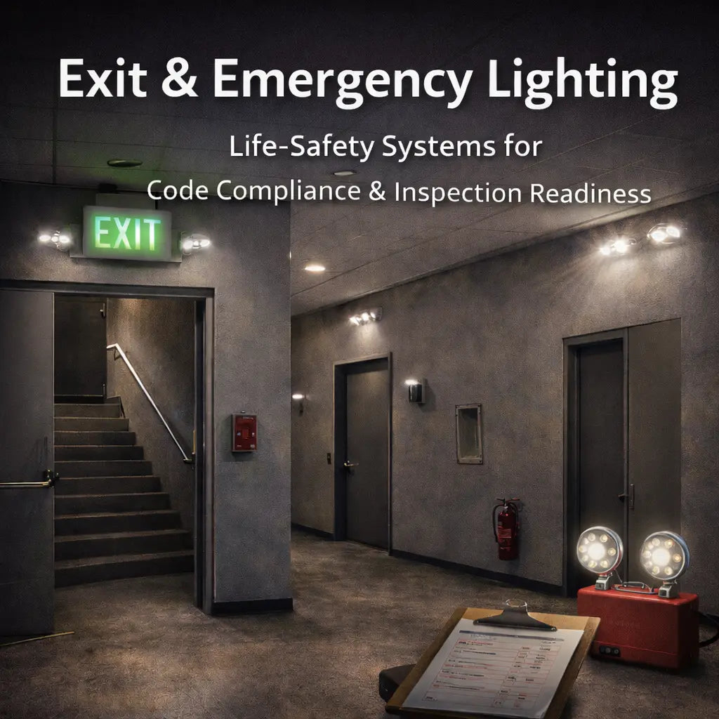 Commercial corridor with illuminated exit signage and emergency lighting providing life-safety illumination during power loss.