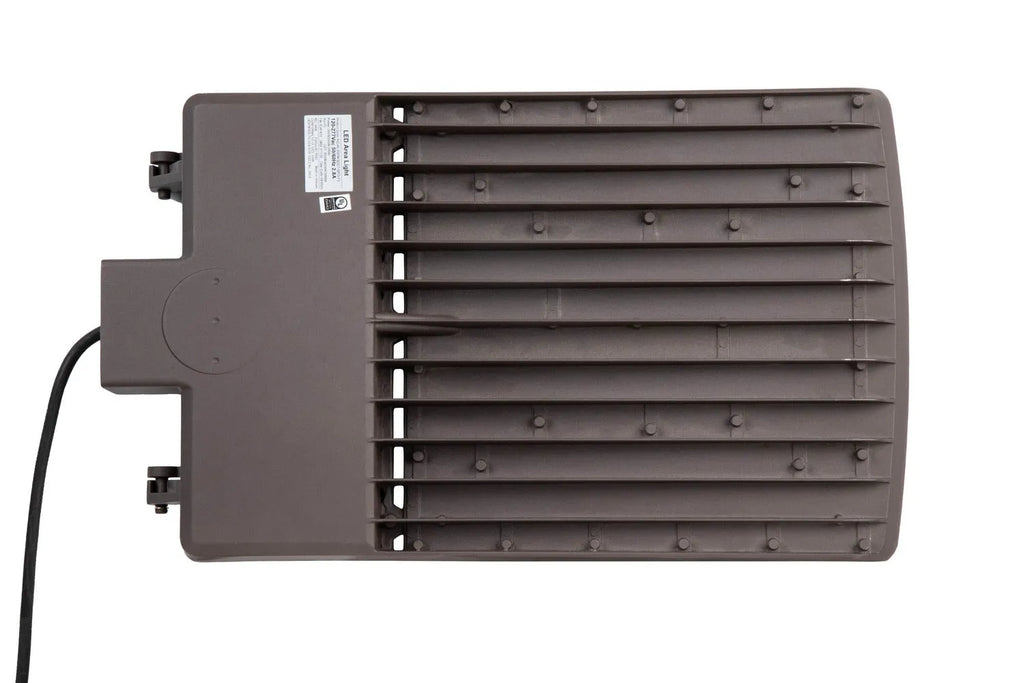 GridMax Series LED area light rear housing showing aluminum heat sink fins and integrated power cord for exterior mounting