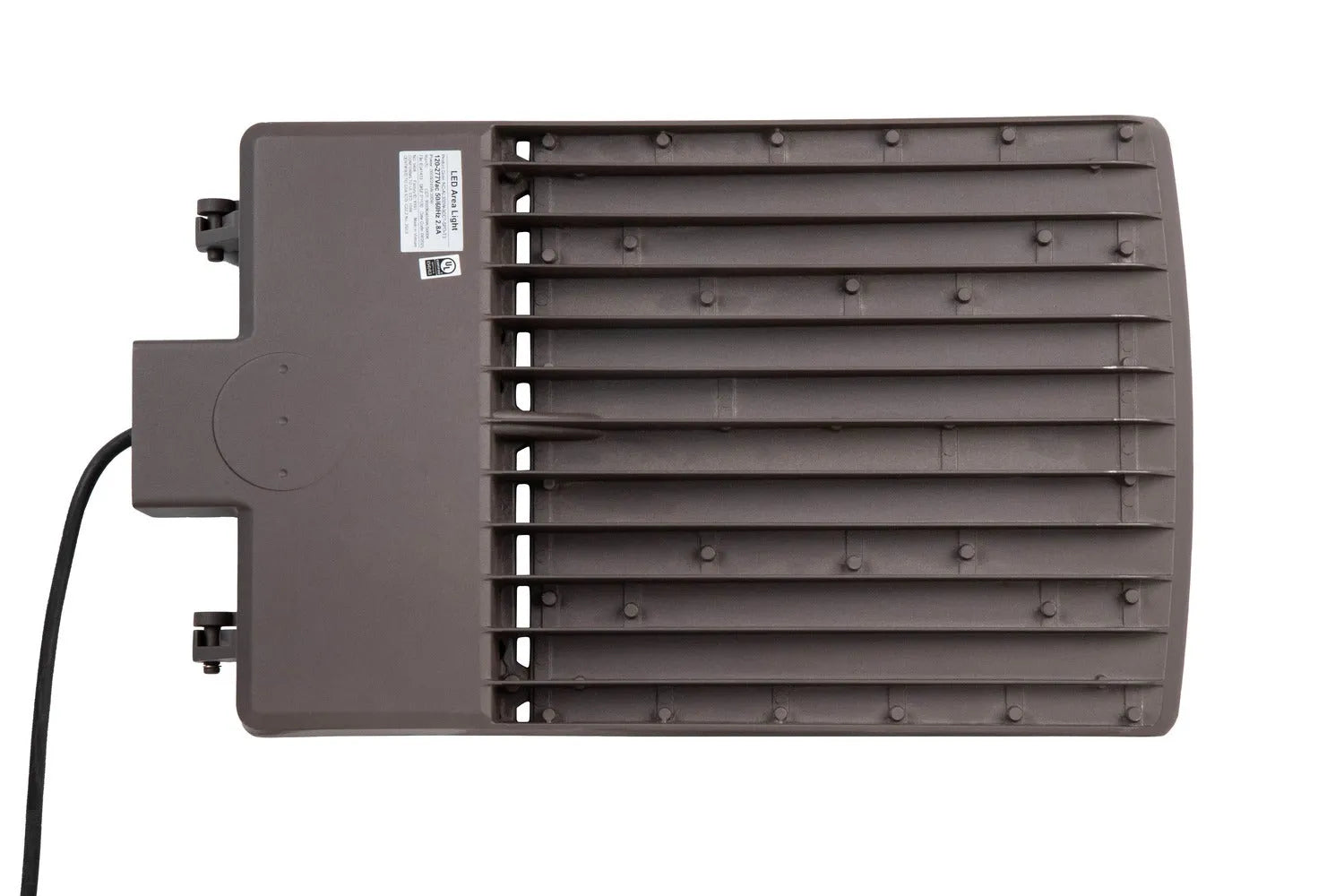 GridMax Series LED area light rear housing showing aluminum heat sink fins and integrated power cord for exterior mounting